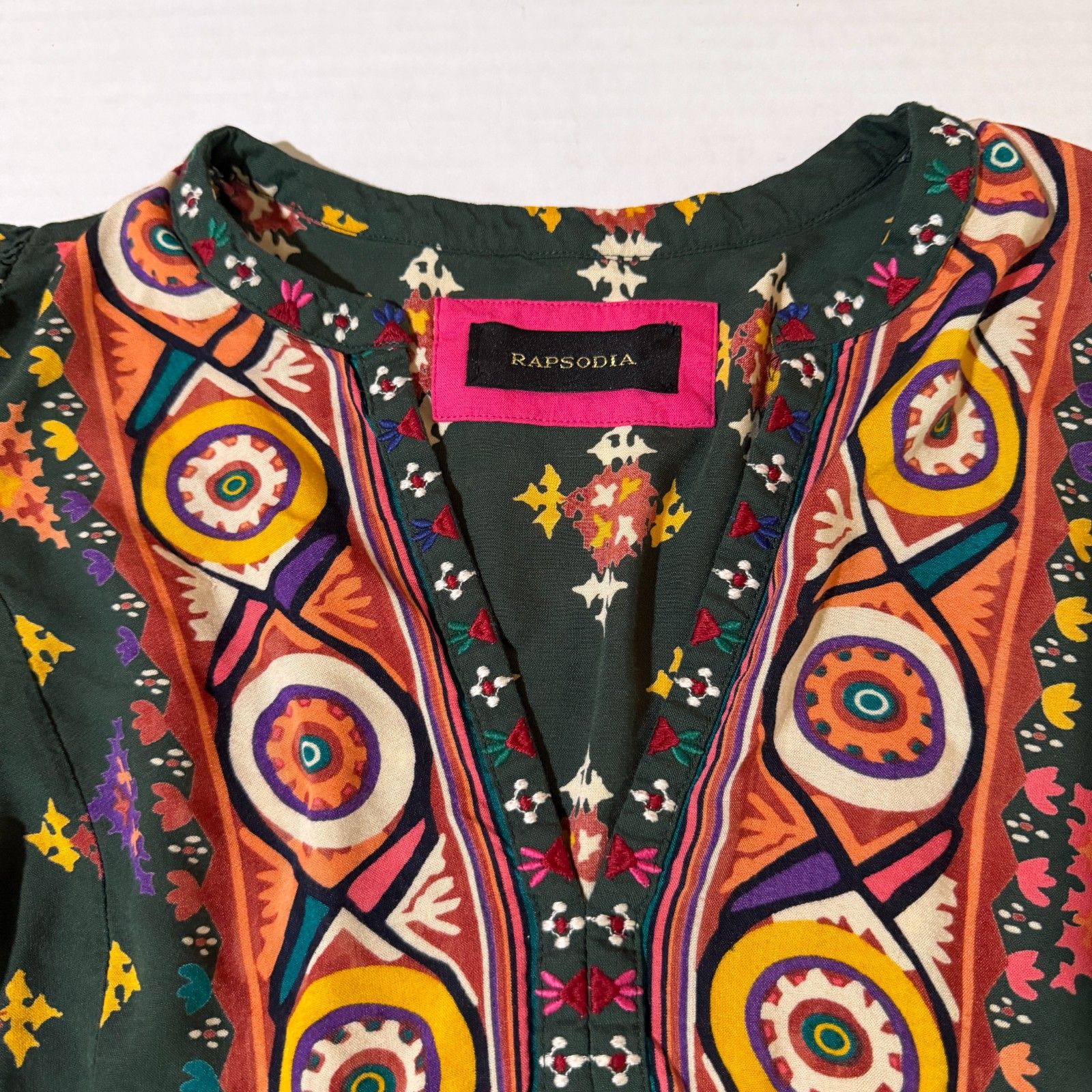 Rapsodia, Green, Babydoll Peasant Blouse, Folk Pattern Puff Sleeve Boho Top — image 5 of 5